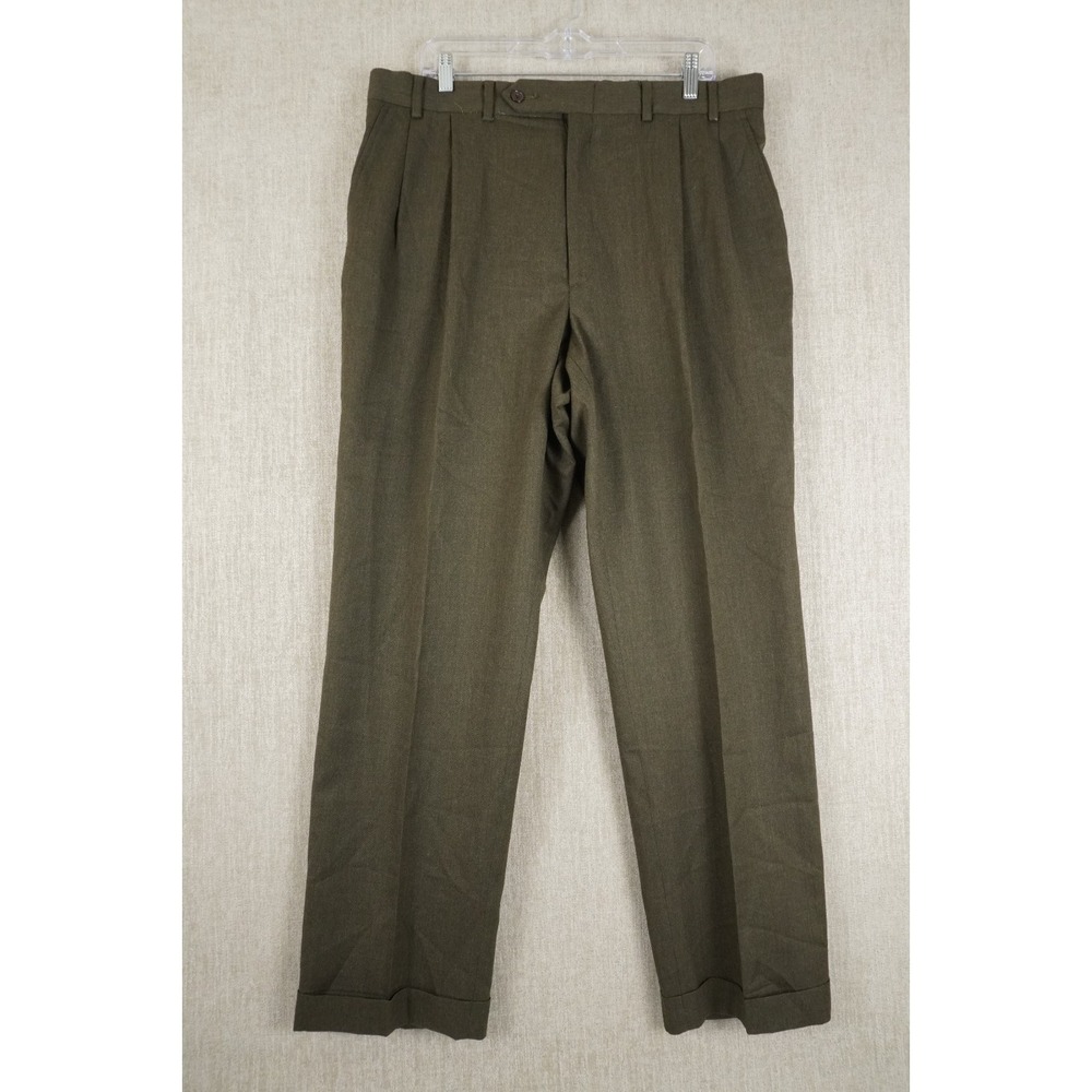 VTG Nautica 38x32 Drk Green Dress Suit Pants Pleated Cuffed 100% Wool Trouser